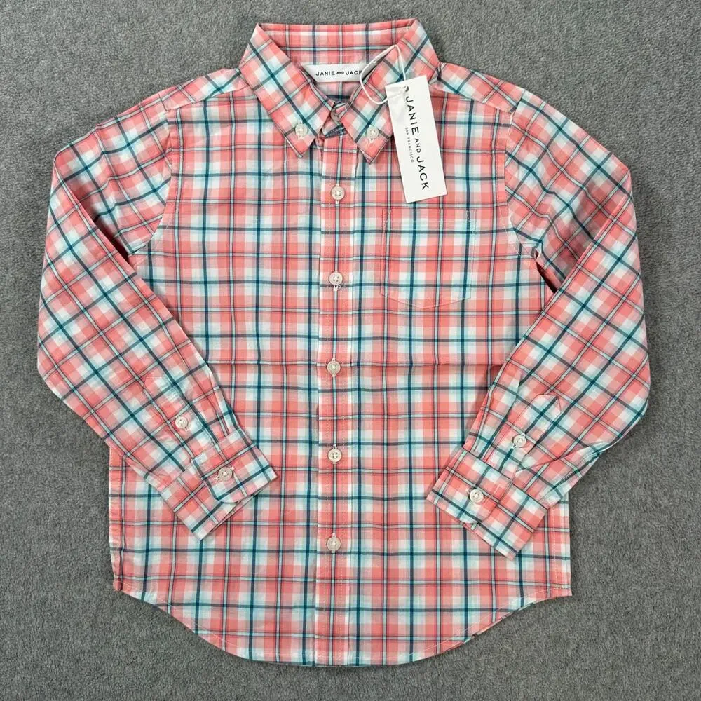 Janie and Jack Button Front Shirt Boys Size 4 Pink Plaid Cotton Long Sleeve